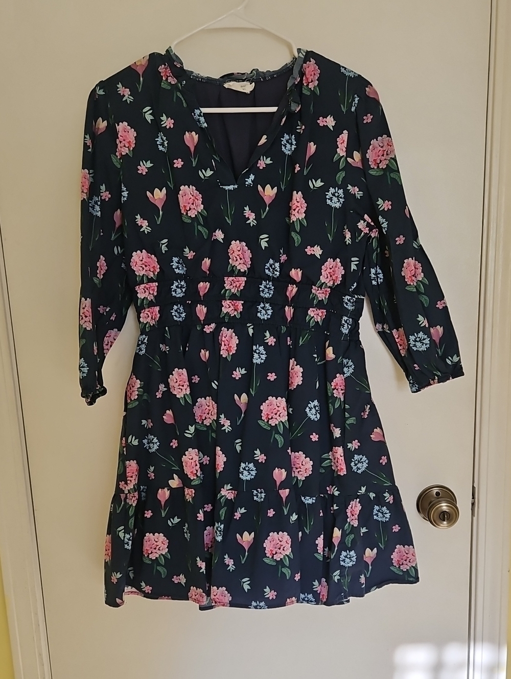 Womens Navy Floral Tiered Dress with Pink Bloom Print